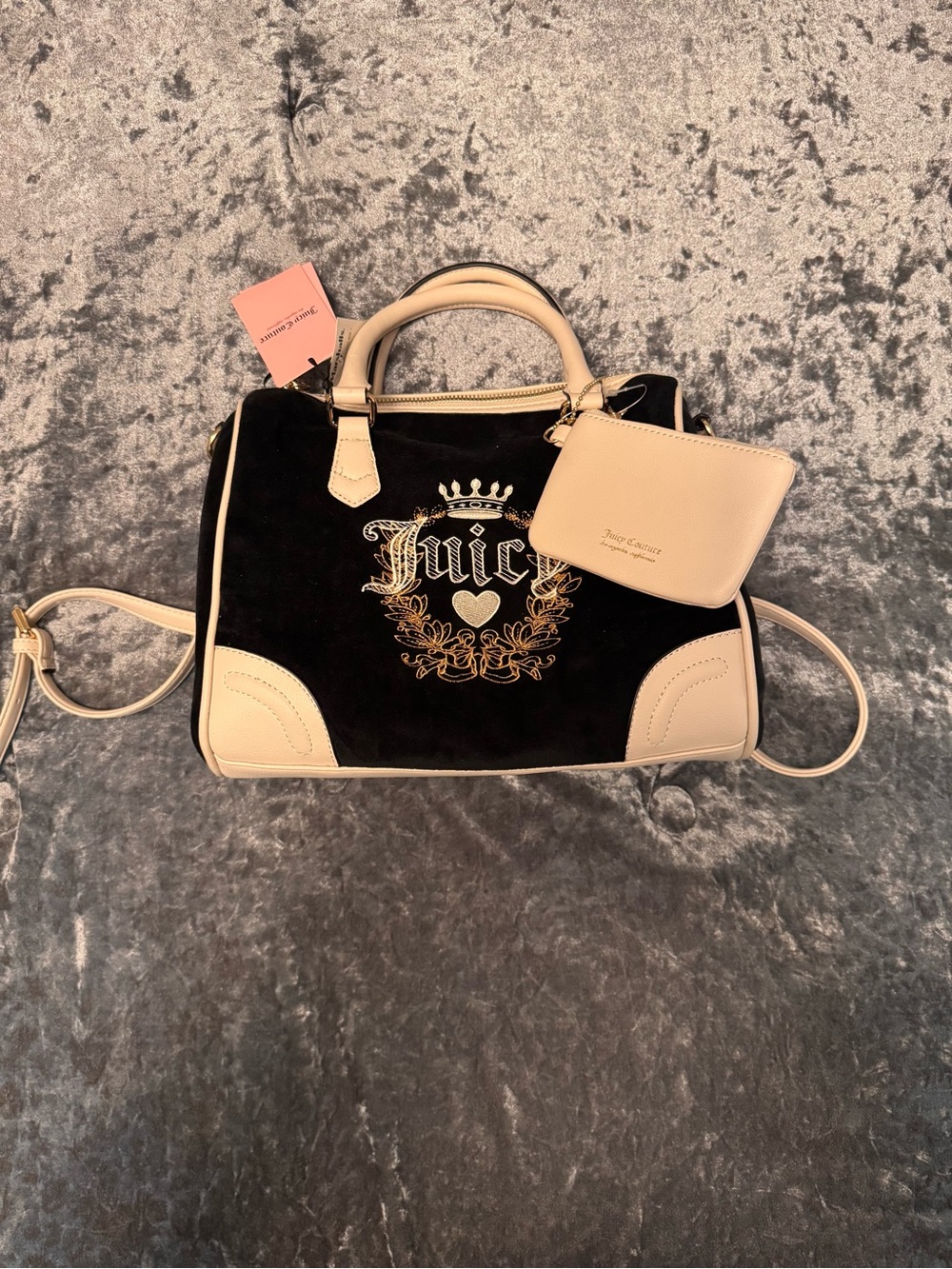 Juicy Couture Black Velvet Satchel with Cream Trim & Gold Crest Embroidery
